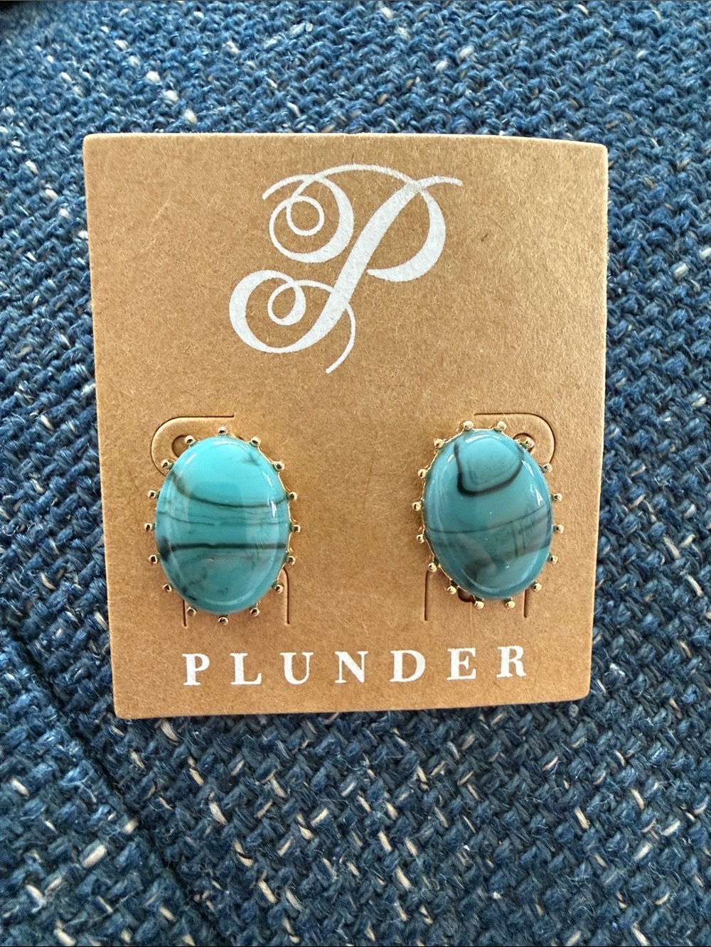 Plunder Turquoise Swirl Oval Stone Stud Earrings with Gold Prongs